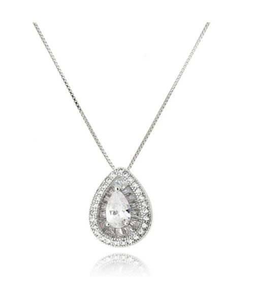Colar Gotinha Luxuoso Com Zirconias Brancas Baguetes Rodio