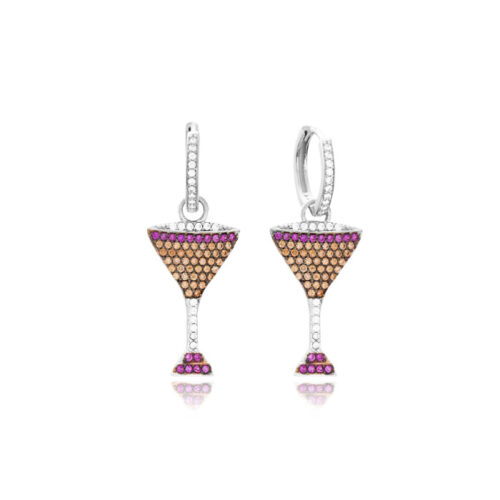 Brinco Argola Taça Martini Cravejada Zirconias Coloridas Prata 925