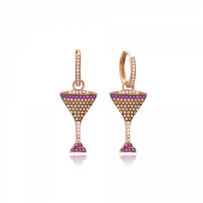Brinco Argola Taça Martini Cravejada Zirconias Coloridas Prata 925 Rose