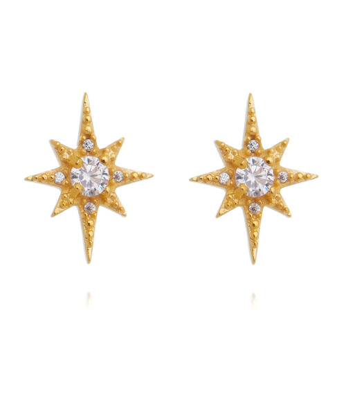 Brinco De Estrela Moderna Ponto De Luz Zirconias Banho Ouro Semi Joia