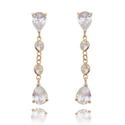 Brinco 2 Gotas E 2 Zirconias Brancas Banho De Ouro 18K Semi Joia Fina