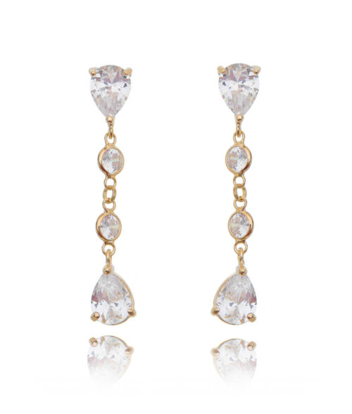 Brinco 2 Gotas E 2 Zirconias Brancas Banho De Ouro 18K Semi Joia Fina