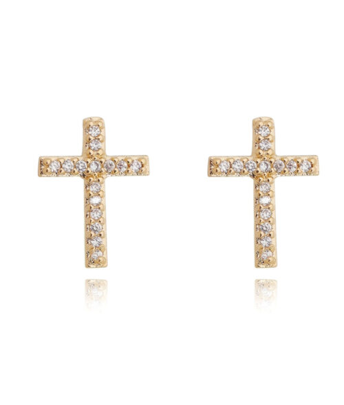 Mini Brinco De Cruz Pequeno Zirconias Brancas Banho Ouro Semi Joia
