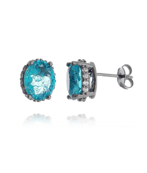 Brinco Agua Marinha Fusion Oval Com Galeria Cravejada De Zirconias Rodio Negro Semi Joias