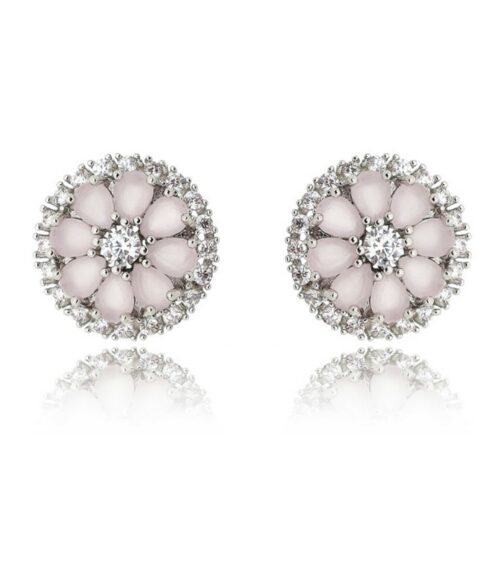Brinco Pequeno Ródio Branco Com Zirconias Quartzo Rosa