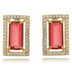Brinco Dourado Retangular Rubi Leitoso E Zirconias Brancas Semi Joias