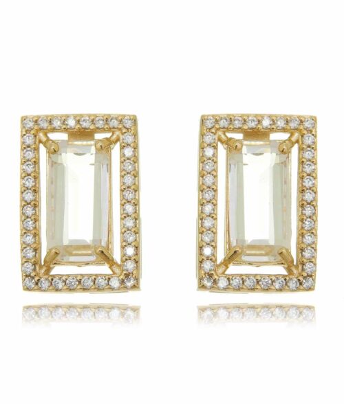 Brinco Retangular Dourado Cristal Branco E Zirconias Pequenas Semijoia