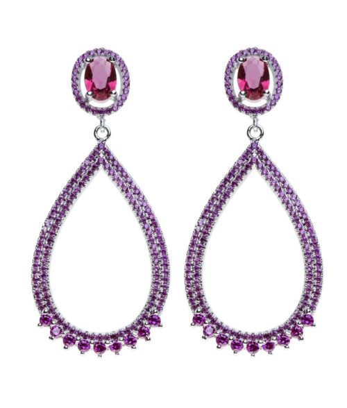 Brinco Semi Jóia Festa Cravejado Micro Zirconias Rosas Rubi Prata