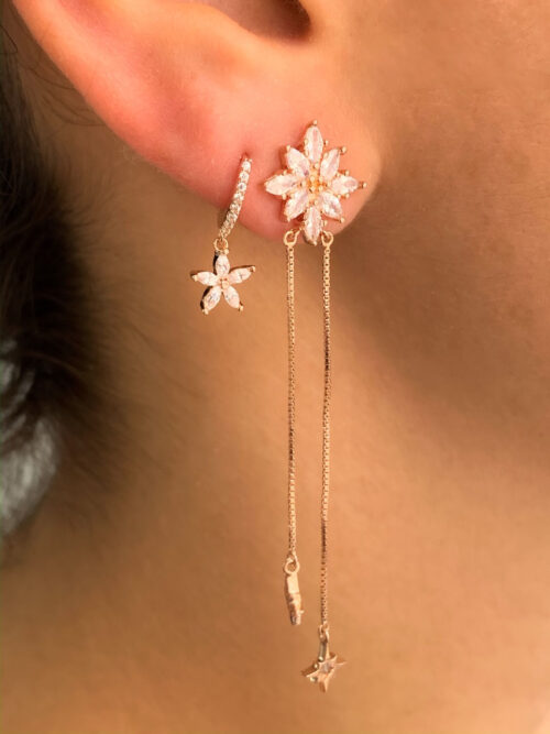 Brinco De Flor Zirconias Com Corrente E Estrelinhas Penduradas Prata 925 Rose - Image 2