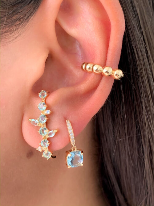 Ear Hook De Prata 925 Luxuoso Agua Marinha Banhado Em Ouro - Image 2