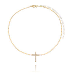 Choker De Bolinhas Achatadas Com Cruz Cravejada Zirconias Banho Ouro