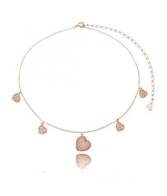 Choker Exclusiva De Coraçõezinhos Cravejados De Zirconias Prata 925 Banho Ouro Rose Gold