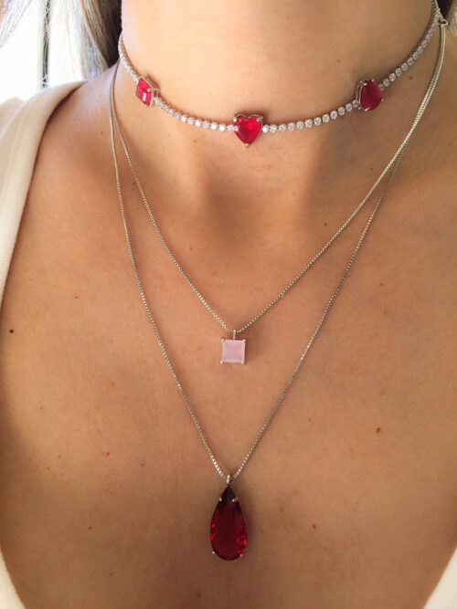 Colar Duplo Gota Alongada Rubelita E Quadradinho Rosa Quartzo - Image 2