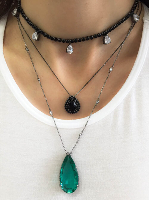 Choker Rodio Negro De Riviera Preta Com Gotinhas Zirconiras Brancas - Image 3
