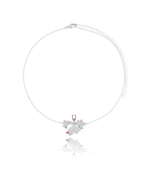 Choker Meia Flor Fosca Com Pedras Coloridas Rodio Semi Joia