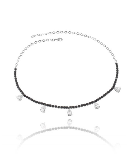 Choker Rodio Negro De Riviera Preta Com Gotinhas Zirconiras Brancas