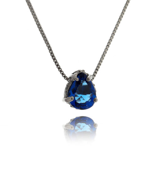 Colar Gotinha Mini Rodio Negro Zirconia Safira Galeria Cravejada Semi Joias