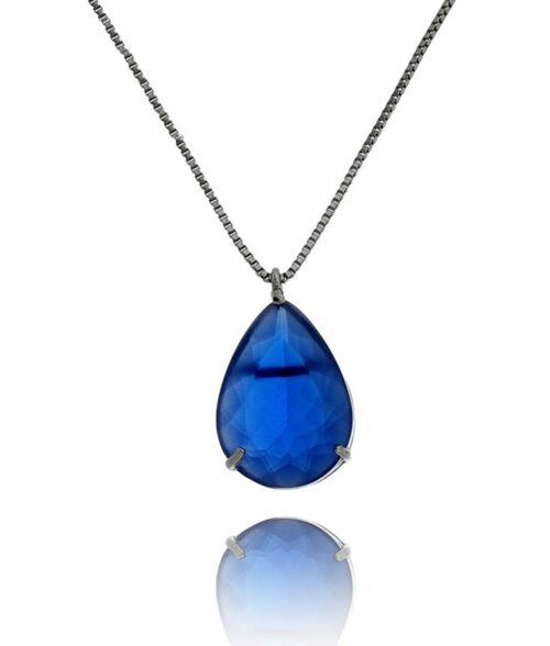 Colar Curto De Gota Azul Leitosa Em Rodio Negro Semi Joia