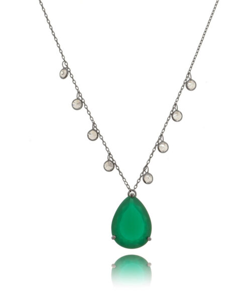 Colar Rodio Negro Semijoia De Luxo Pingente Gota Esmeralda Leitosa 8 Zirconias Corrente