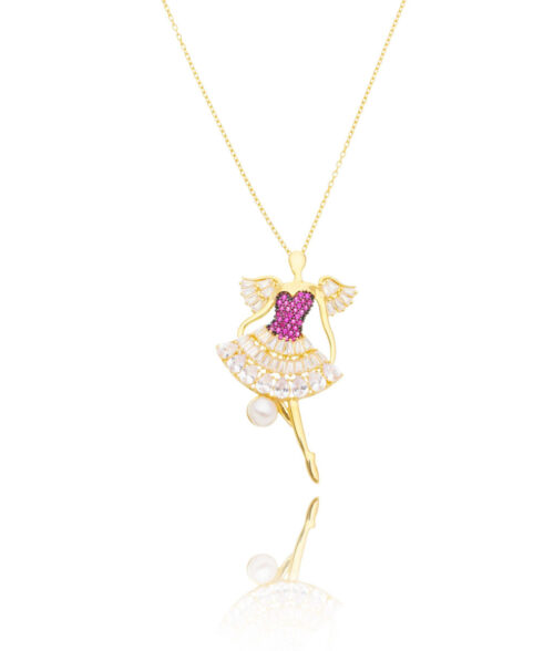 Colar Bailarina Luxuoso Cravejado De Zirconias Brancas E Perolinha Prata 925 Banho Ouro