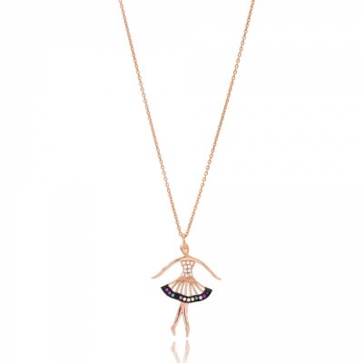 Colar Pingente Bailarina Zirconias Brancas E Coloridas Prata 925 Rose