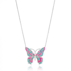 Colar De Borboleta Esmaltada Rosa E Azul Prata 925