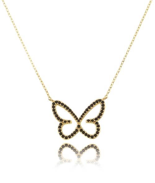 Colar Borboleta Zirconias Pretas Banho De Ouro 18K Semijoia