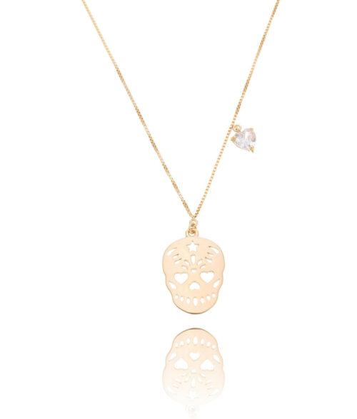 Colar caveira mexicana com coraçãozinho zirconia prata 925 banho ouro