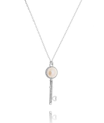 Colar Chave Tiffany Prata Com Perola E Zirconias Cristais Semi Joias Finas