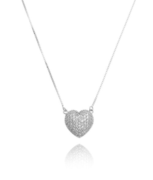 Colar Coração Micro Pave Pequeno Zirconias Brancas Prata 925