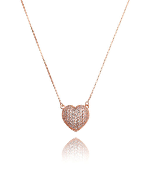 Colar Coração Micro Pave Pequeno Zirconias Brancas Prata 925 Rosé