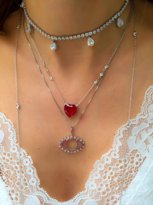 Colar De Olho Grego Estilo Joia Zirconias Brancas E Rubis Rodio Branco - Image 3