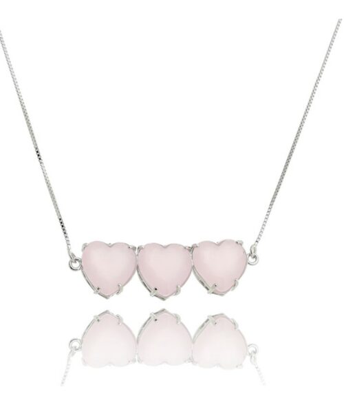 Colar Prata Com Pingente Triplo De Corações Quartzo Rosa