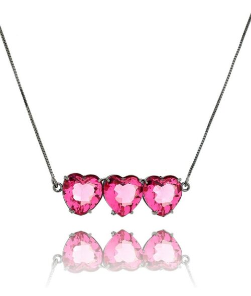 Colar Pingente 3 Corações Rodio Negro Pedras Safira Rosa