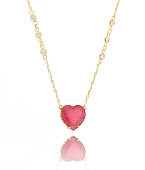 Colar Coração Rubi Leitoso Tiffy 6 Zirconias Dourado Semi Joia