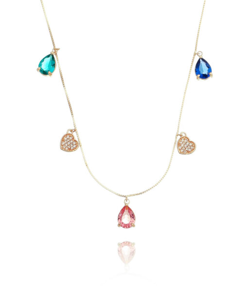 Colar De Coraçõezinhos E Gotinhas Rainbow Prata 925 Banho Ouro