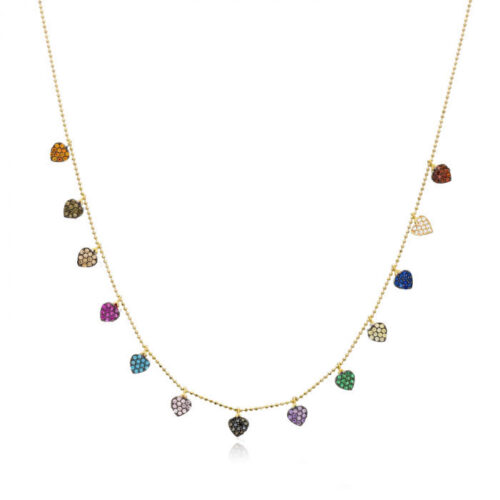 Colar De Coraçõezinhos Coloridos Joia Delicada Prata 925 Banho Ouro
