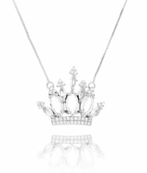 Colar Coroa Cristal Com Banho De Ródio Semi Joias Da Moda