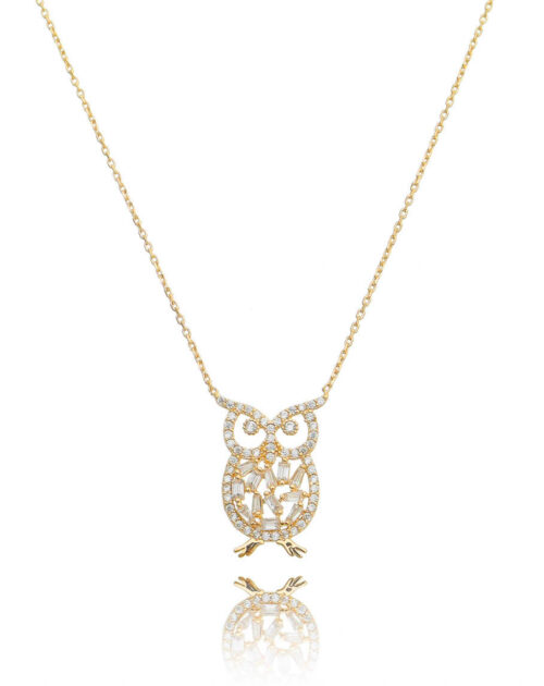 Colar de coruja baguetada zirconias brancas prata 925 banho ouro