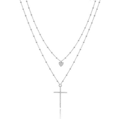 Colar Duplo De Bolinhas Com Crucifixo E Pingente De Coração Prata 925