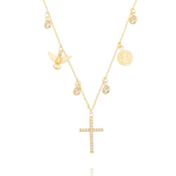 Colar Cruz Com Zirconias, Medalha De São Bento E Espirito Santo Dourado