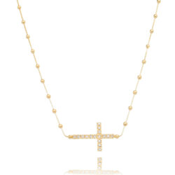 Colar Delicado De Cruz Com Corrente De Bolinhas Dourado Semi Joia