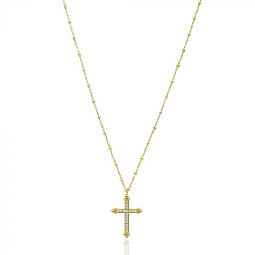 Crucifixo Estiloso Longo De Bolinhas Prata 925 Banho Ouro 18K