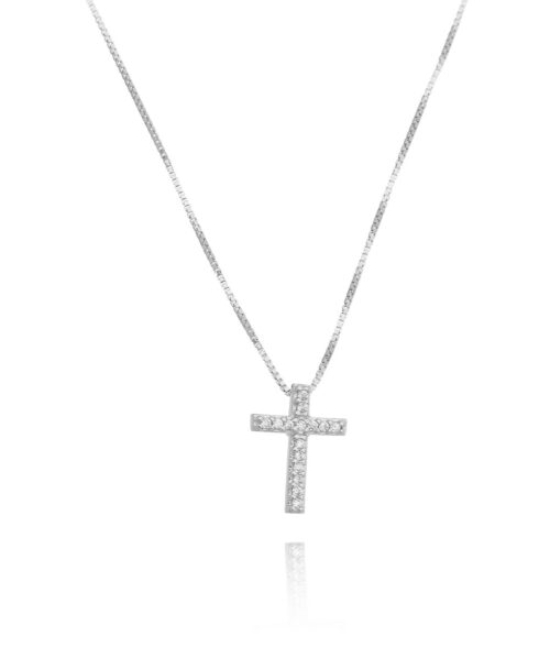 Colar De Cruz Pequena Zirconias Brancas Prata 925
