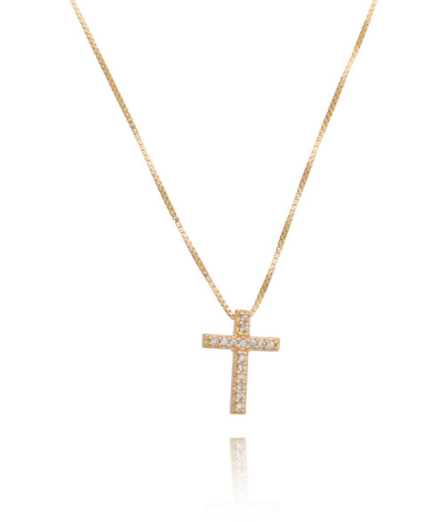 Colar De Cruz Pequeno Zirconias Brancas Prata 925 Banho Ouro