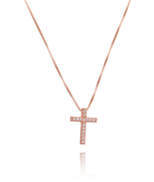 Colar De Cruz Pequeno Zirconias Brancas Prata 925 Rosé