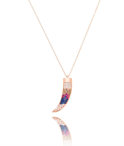 Colar Pingente Dente Colorido Rainbow Prata 925 Rose