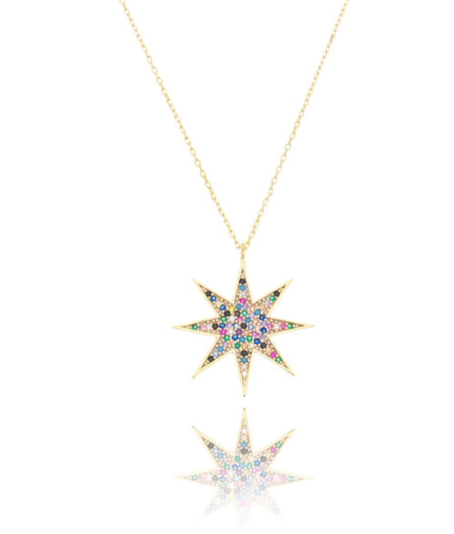 Colar De Prata 925 Estrela Moderna Rainbow Colorida Banho Ouro