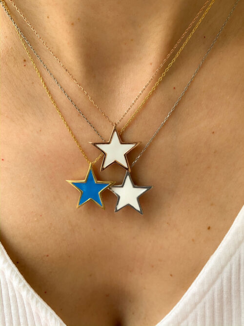 Colar De Estrela Esmaltada Dupla Face Azul E Branca Prata 925 - Image 4