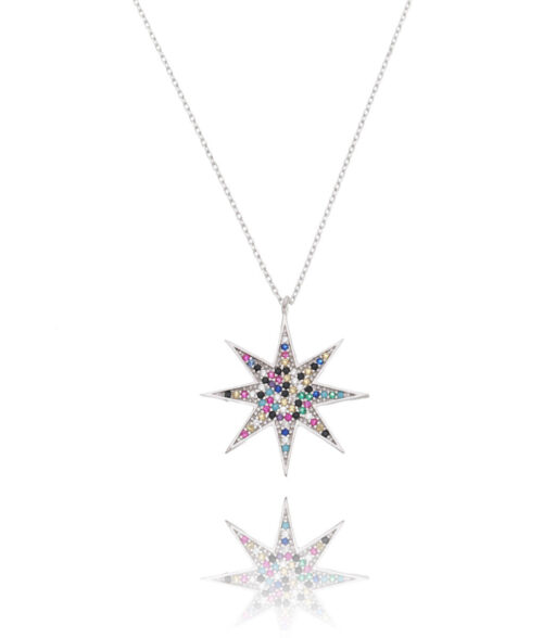 Colar De Prata 925 Estrela Moderna Rainbow Colorida